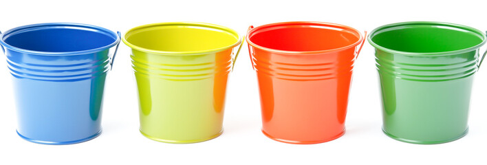 Colorful metal buckets a collection a white background,