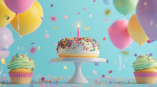 Joyful Birthday Cake Pastel Balloons Celebrate. AI Generated