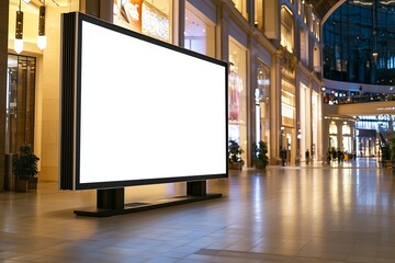 Soft lighting in an empty mall highlighting a central white billboard.