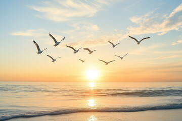 Spectacular Flock of Seagulls Soaring High Above the Ocean