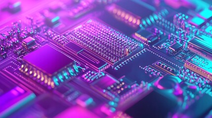 Obraz premium Abstract Close up of Circuit Board with Neon Pink and Blue Lighting High Tech Technology Background