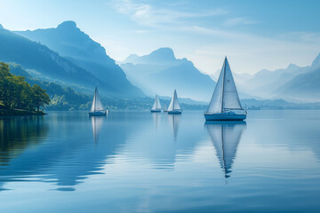 Peaceful Flow of Sailboats Skimming Across a Calm Sea for Tranquil Vibes