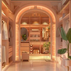 Elegant arched walk-in closet with warm lighting, ample storage, and stylish decor.