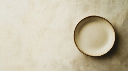 Empty ceramic plate on beige textured surface, minimalist food photography, copy space