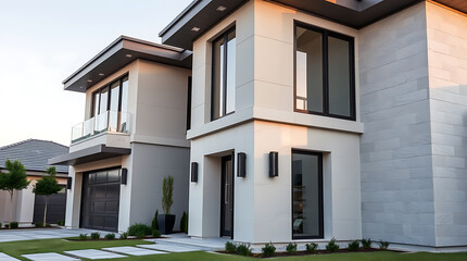 Obraz premium Luxury Modern House Exterior: Contemporary Home Design and Architecture. Stunning Facade, Stone Cladding, and Landscaping