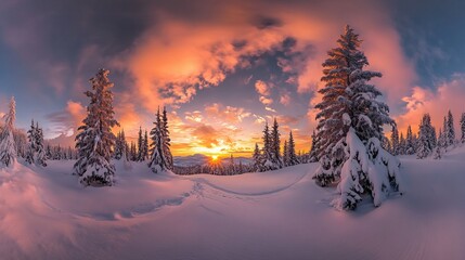 Majestic winter sunset panorama in snowy mountain forest.
