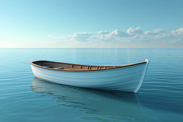 Naklejka premium A Small Boat Gliding Across a Serene Bay with Ripples in the Water