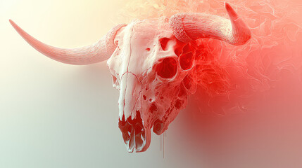 Close-up of a bleached bull skull against a red smoky background.  The skull shows significant detail, with visible bone structure and texture.