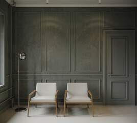 Modern interior living room design and dark green wall pattern background. 3d rendering 