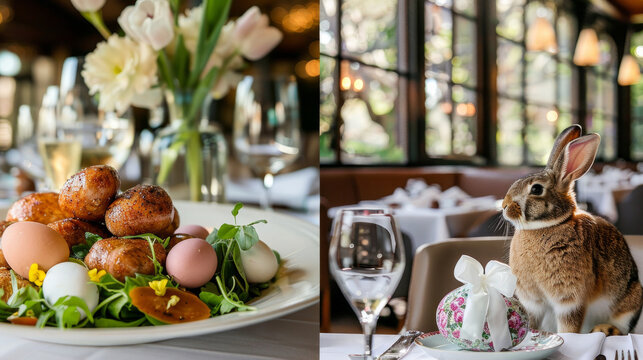 Elegant easter brunch with decorated eggs and curious bunny in a classy restaurant setting
