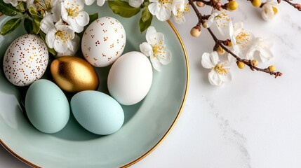 Fototapeta premium Elegant easter eggs and spring blossoms on a pastel plate