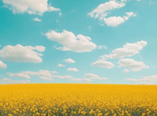 Vibrant Yellow Field Under a Clear Blue Sky with White Clouds