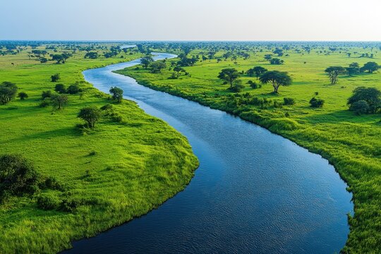 Aerial View of the Serene Chokwe River with Lush Surroundings