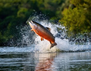 Obraz premium close up big salmon jump out splashing water on nature background