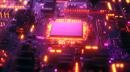 Obraz premium Computer chip on a circuit board with neon light effects
