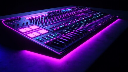Modern Music Production Console with Dynamic Neon Lighting and Sophisticated Controls