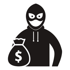 Silhouette, masked thief, money bag, dollar sign, hooded figure, black and white, iconographic, simple graphic design, negative space, criminal, burglar, stylized, vector art, minimalist,