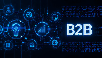 Fototapeta premium B2B business strategy concept. Businessman working with B2B virtual on laptop, conceptualizing strategy, partnership, targets in business to business services. E-commerce, B2B Marketing, enterprise