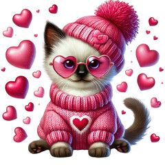 Obraz premium Cute kitten in pink hat and sweater surrounded by hearts, white background