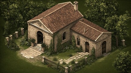 Stone Chapel House Garden Architectural Isometric View