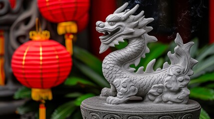 Stone Dragon Statue with Red Lanterns and Incense Smoke