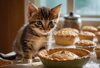 "Adorable Kitten, Feline Pet, with Homemade Pie, Dessert, Pastry, Sweet Treat, on Blue Plate, Red Background for Social Media Ads, Menu Design, Bakery Branding. Ai generated image