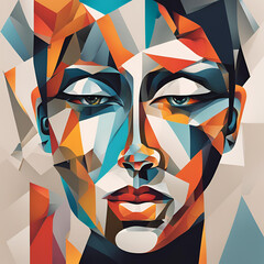 An abstract and vibrant portrait of a woman, created with bold geometric shapes and a mix of warm colors, conveying a strong emotional presence.