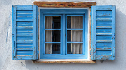 Weathered light blue window shutters partially open on a whitewashed wall, revealing a glimpse of a room's interior.