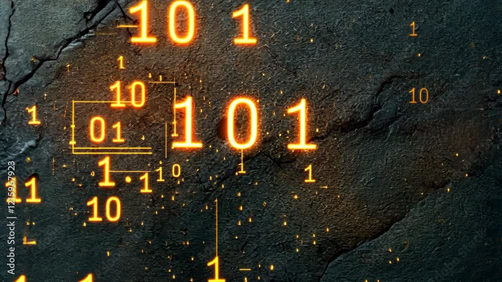 Poster Dynamic digital binary sequence illuminating a cracked surface with glowing numerals