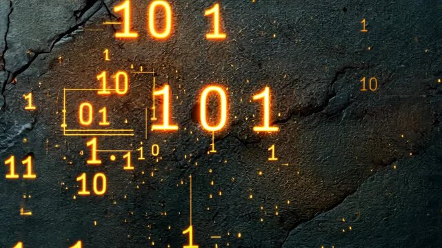 Dynamic digital binary sequence illuminating a cracked surface with glowing numerals