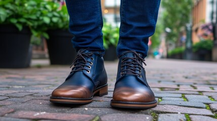 Stylish Two Tone Leather Boots Worn Outdoors on Cobblestones