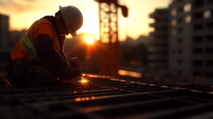 Fototapeta premium Construction Worker at Sunset: A Silhouette of Dedication