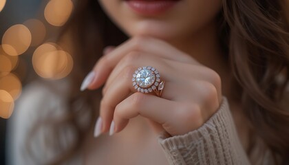 Close-up of a Woman's Hand Adorned with a Stunning Diamond Ring, Featuring Rose Gold Setting and Sparkling Gemstones.