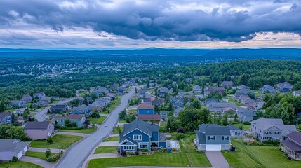 Suburban Homescape Aerial View Under Cloudy Sky
