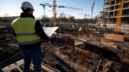 Fototapeta premium Construction Site Supervisor Reviewing Blueprints