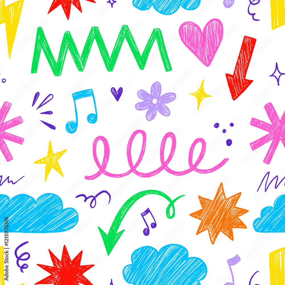 Aufkleber kid shape color seamless pattern background. crayon scribble fun children color hand drawn pencil br