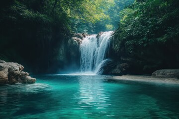 Naklejka premium A hidden waterfall deep within a lush jungle, surrounded by dense emerald foliage, the water cascading into a crystal-clear pool below