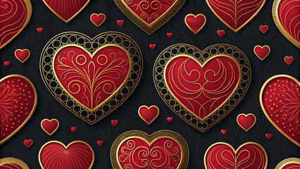 Fototapeta premium Red hearts vector seamless pattern. Volumetric gradient hearts with gold frames on black background. Best for wallpapers, wrapping paper, package and St. Valentine's Day decoration. 