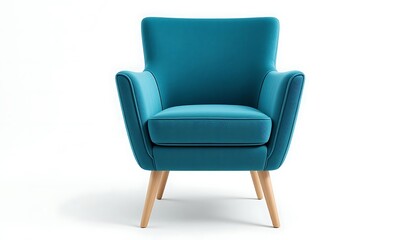 Teal Velvet Armchair with Light Wood Legs Isolated on White Background, Modern Furniture, Comfortable Seating