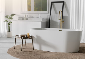 Stylish modern bathroom with elegant freestanding bathtub and luxurious fittings, 3D render illustration.
