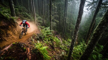 Fototapeta premium Mountain Biking Through Misty Forest Trail