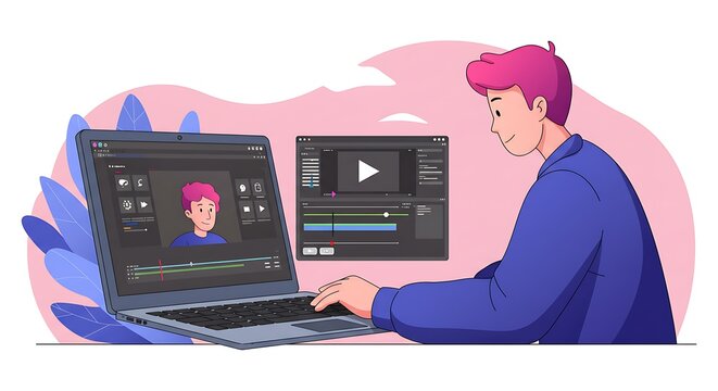 set vector teenager editing video on laptop