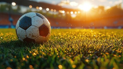 Wet soccer ball stadium sunset game.