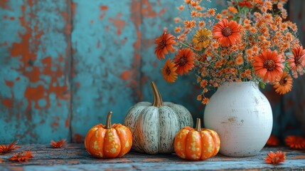 Autumn pumpkins flowers vase rustic background decoration.