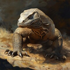 Obraz premium Komodo dragon in natural habitat with detailed scales and intense gaze
