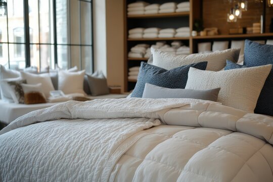 A high-end bedroom store with a luxurious bedding display, each set offering ultimate comfort and style