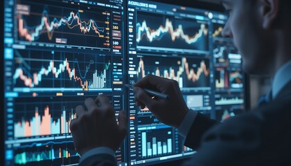 Stock Market Trader Analyzing Financial Data on Multiple Screens
