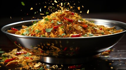 flying wok with chicken and spices. Concept of food preparation in low gravity mode, food levitation. Separated on black background. 
