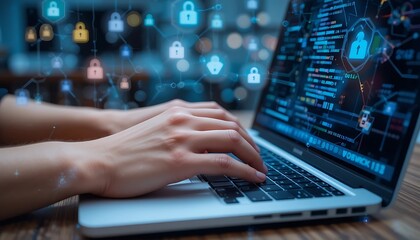 Cybersecurity expert working on a laptop, coding for data protection and network security with digital lock icons.