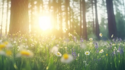 Obraz premium Sunlit Forest Meadow with Blooming Wildflowers